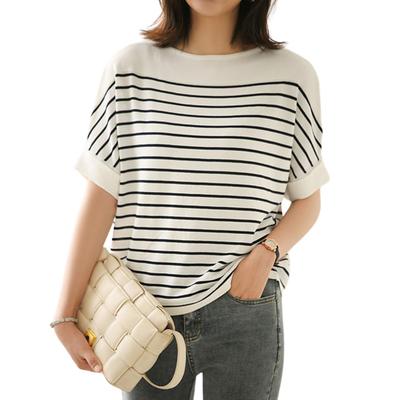 Summer Short Round M [UQQA] Women's T-Shirt, Sleeve, Striped, Elastic, Body-Shaping, Natural, Cool, 50s, Neat, Neck, White,