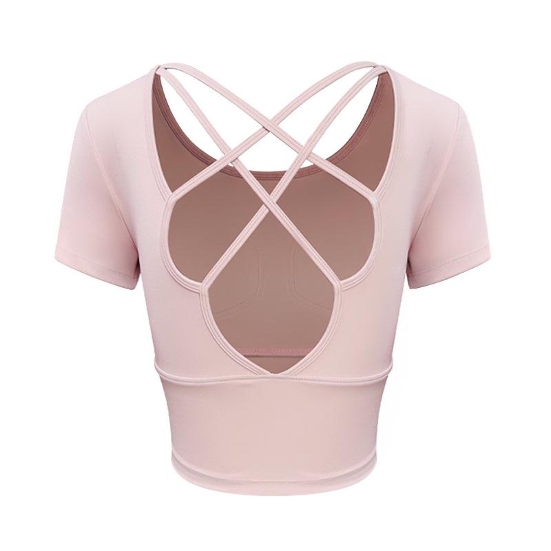 

Женский летний укороченный топ для йоги с перекрещенной спиной и нагрудными вкладышами - для фитнеса и занятий спортом на открытом воздухе, с коротким рукавом S