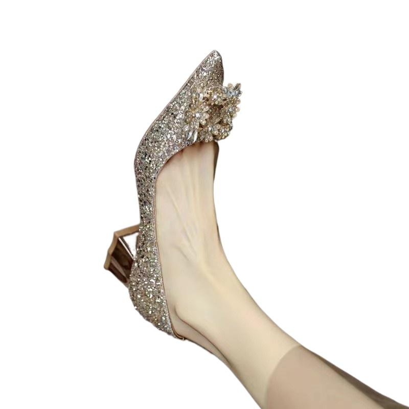 Women's Fashion Thick Heel Shoes Fall New Pointy Head Shallow Mouth Sequin Cloth Diamond-like Buckle Temperament Low Top Shoes