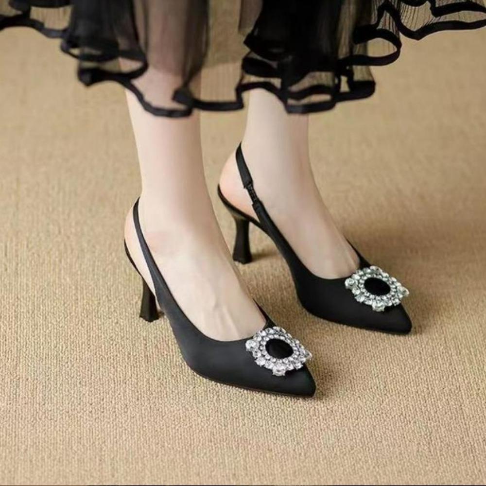 

Брендовые женские туфли-лодочки, роскошные летние туфли на высоком каблуке с открытой пяткой и кристаллами, удобные вечерние свадебные туфли на треугольном каблуке