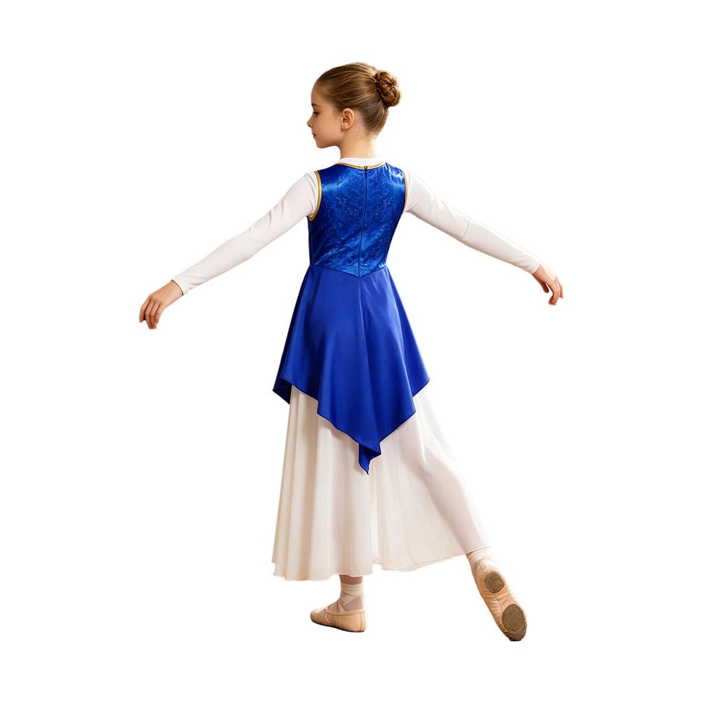 Girls Liturgical Dance Dress Sleeveless Metallic Bodice Color Block with Back Zipper and Asymmetrical Satin Hem for Praise Worship Service