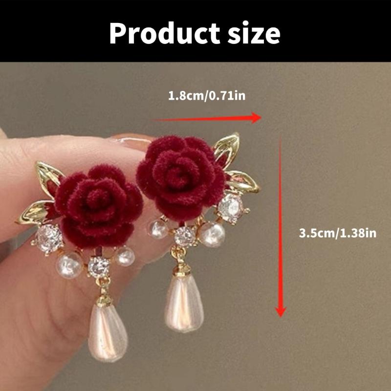 Rose Earrings Tassels Dangle Earrings with Rose Pearls Pendant Women Ear Jewelry Alloy Texture Suitable for Daily Party