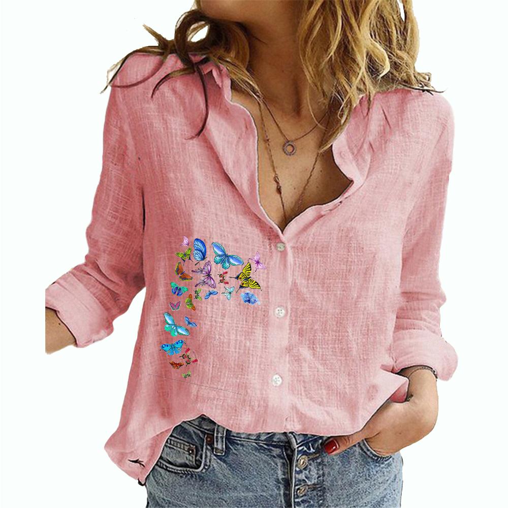 Women Fashion Print Shirt Female Casual Cotton Linen Long Sleeve Top Plus Size Loose Button-down Blouses