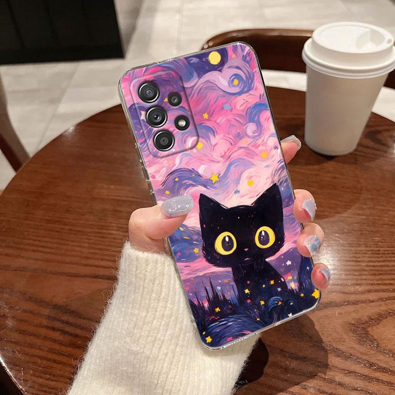 Retro Oil Painting Starry Sky Cat Clear Phone Case For Samsung Galaxy A56 A57 A37 A55 A54 A36 A35 A26 A25 A16 A17 A07 A52 Cover