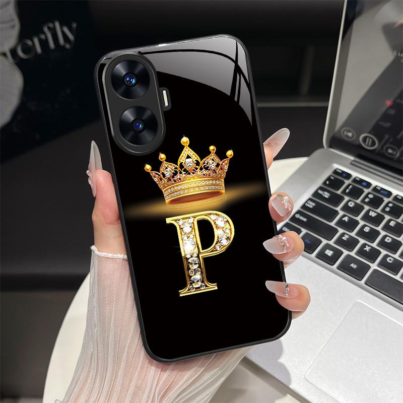 For Realme C55 4G Case Fashion Letters Hard Tempered Glass Back Covers For Realme Narzo N55 NarzoN55 C55 RMX3710 Phone Shell