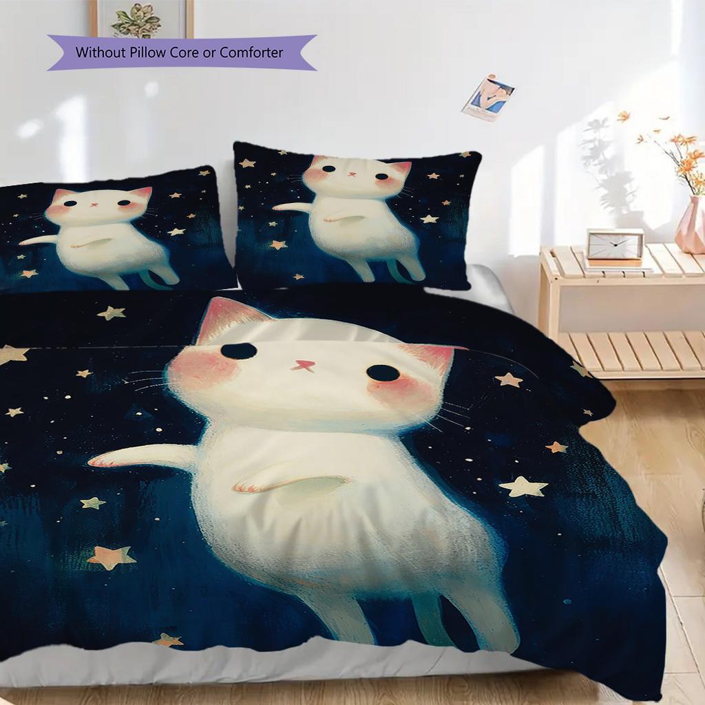 White Cat Pattern Bedding Quilt Set Quilt Cover Pillowcase Home Decoration Birthday Gift (1 * Duvet Cover + 2 * Pillowcase, Without Core)