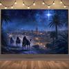 1 Piece of Christmas Manger Background Cloth - Three Sages Starry Night Desert Journey and Palm Tree Landscape - Polyester Fiber