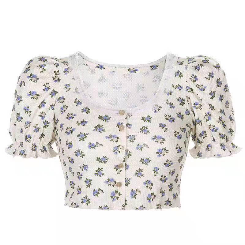2025 Summer Women's Retro Floral Puff Sleeve Square Neck Crop Top