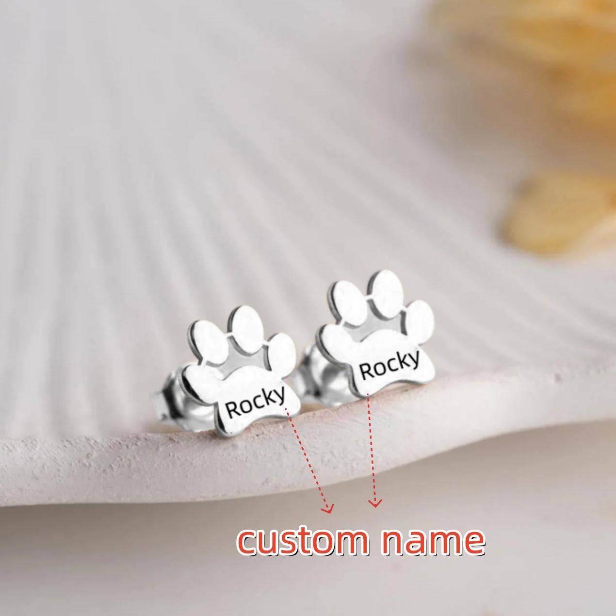 Jeshayuan Engraved Paw Print Name Earrings Paw Print Studs Personalized Paw Earrings Gift for Pet Lovers Pet Remembrance Studs Font B01