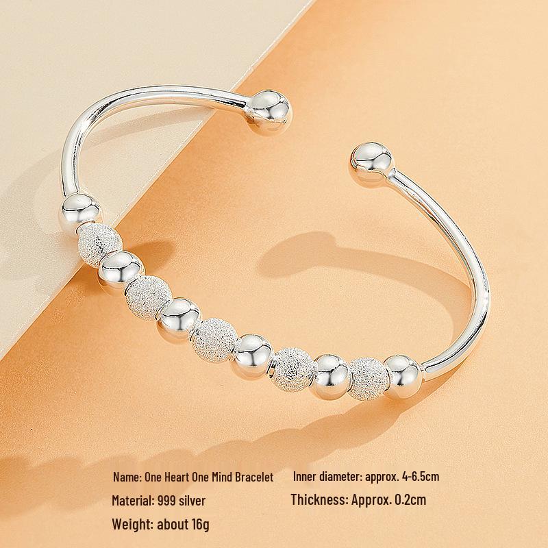 999 Sterling Silver Open Cuff Bracelet with One Heart One Mind Luck Transfer Frosted Beads - Women s Ancient Style. 999 Sterling Silver