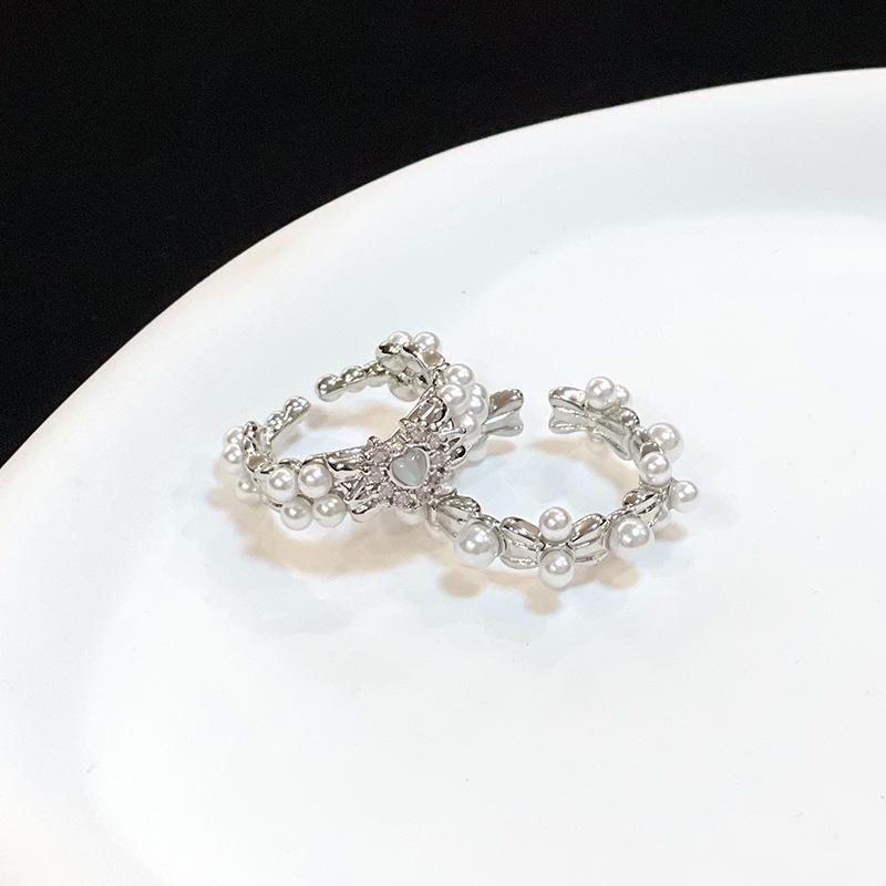 Pink Zircon Niche Design Sweet Pearl Bow Open Ring Women'S High-End Fashion Jewelry