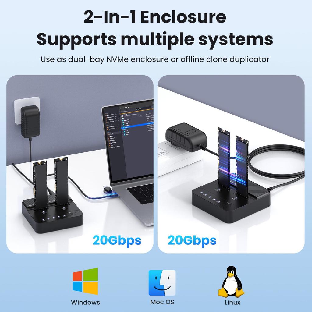 Dual-Bay NVMe M.2 SSD Enclosure with Clone and Read Functionality