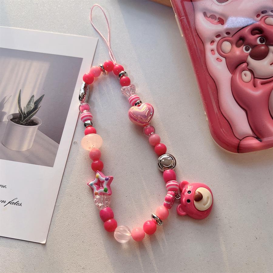 Powder Pink Strawberry Bear Pendant Phone Case with Lanyard - Universal Bag Accessory & Camera Chain Pink Heart Strawberry Bear Pendant Lanyard