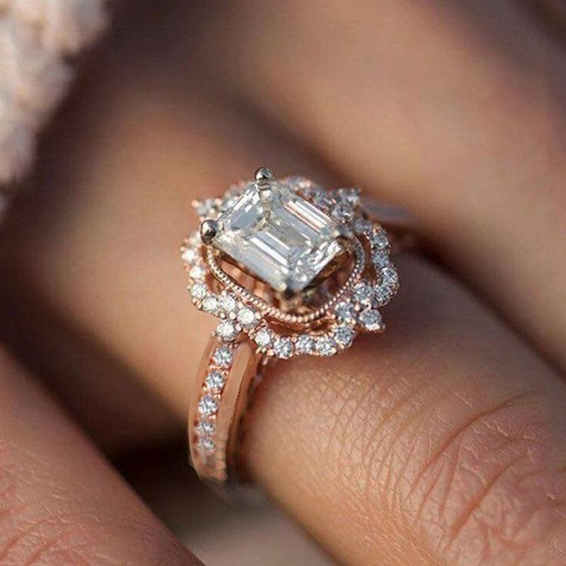 Copper-Plated Rose Gold Zircon Square Diamond Princess Ring, Fashionable Engagement Jewelry