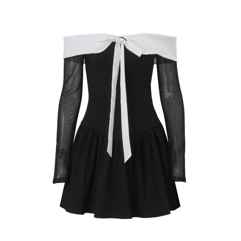 ins European and American style autumn new college cute bow dress sweet and spicy style doll collar contrasting skirt short skirt S чёрный