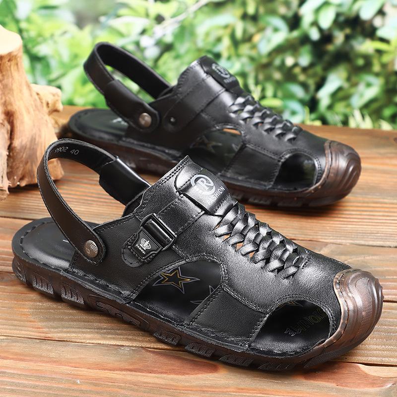 The First Layer of Cowhide Bag Head Sandals, Men's New Genuine Leather Summer Beach Shoes, Soft Soles, Beef Tendon Soles, and Father's Cool Slippers