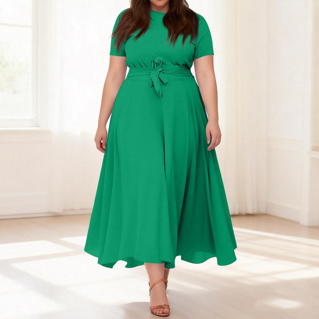 Women's Casual Fashion Large Size Color Round Neck Short Sleeve Pocket Straps Swing Dress