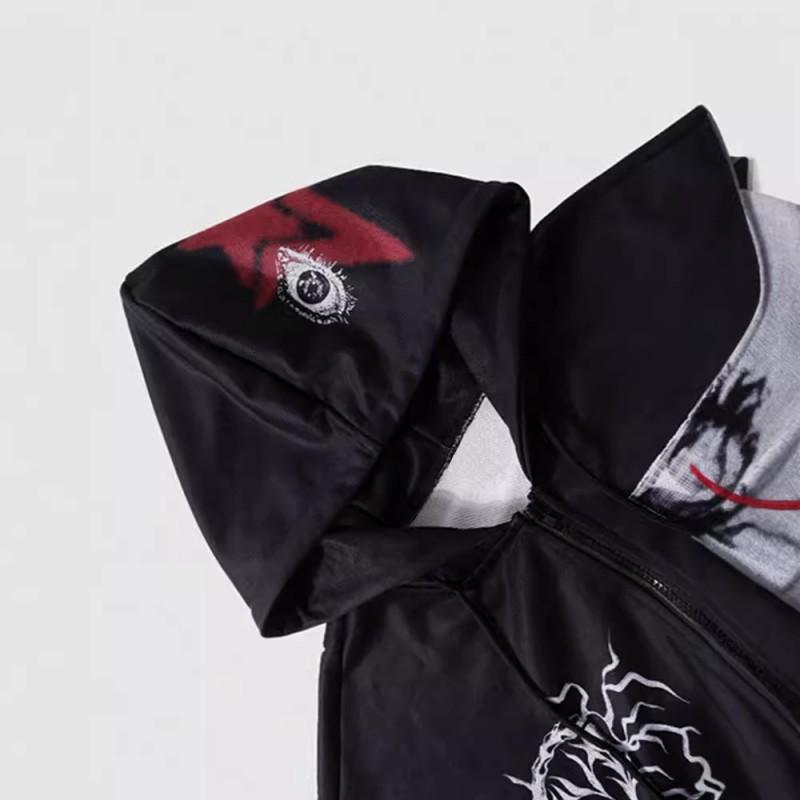 Y2K Streetwear Hooded Zip-Up Sweatshirt Women Loose Fit Anime Print Black Long Sleeve Casual Jacket