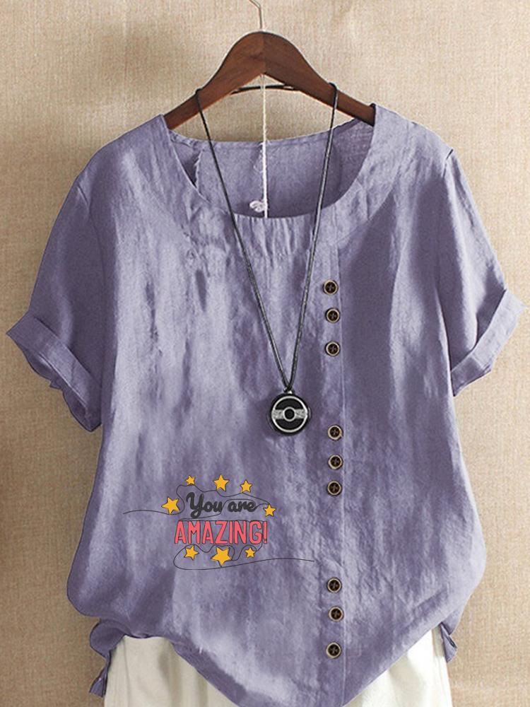 Women's Fashion Letter Print Round Neck Short Sleeve T-shirt Casual Cotton Linen Graphic Shirt Leisure Loose Summer Blouse Tops