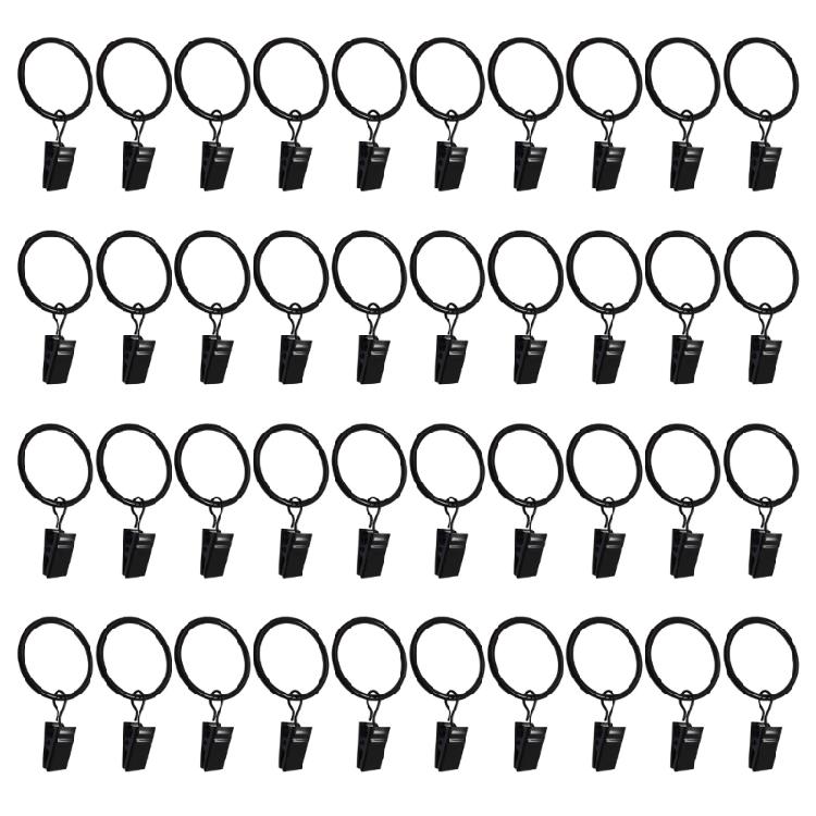 Pack of 40 Multipurpose Black Curtain Rings with Clips for Curtain Rod Steel Drapery Hangers Easy Setups for Home Decors