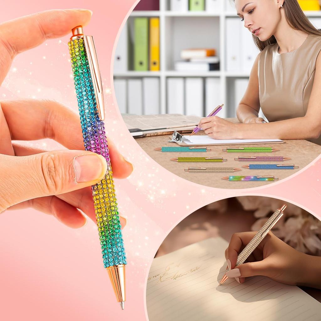 Bling Pens for Women, 4Pcs Colorful Rhinestone Pen and 8Pcs Black Ink Retractable Refills for Girl (0.7mm)