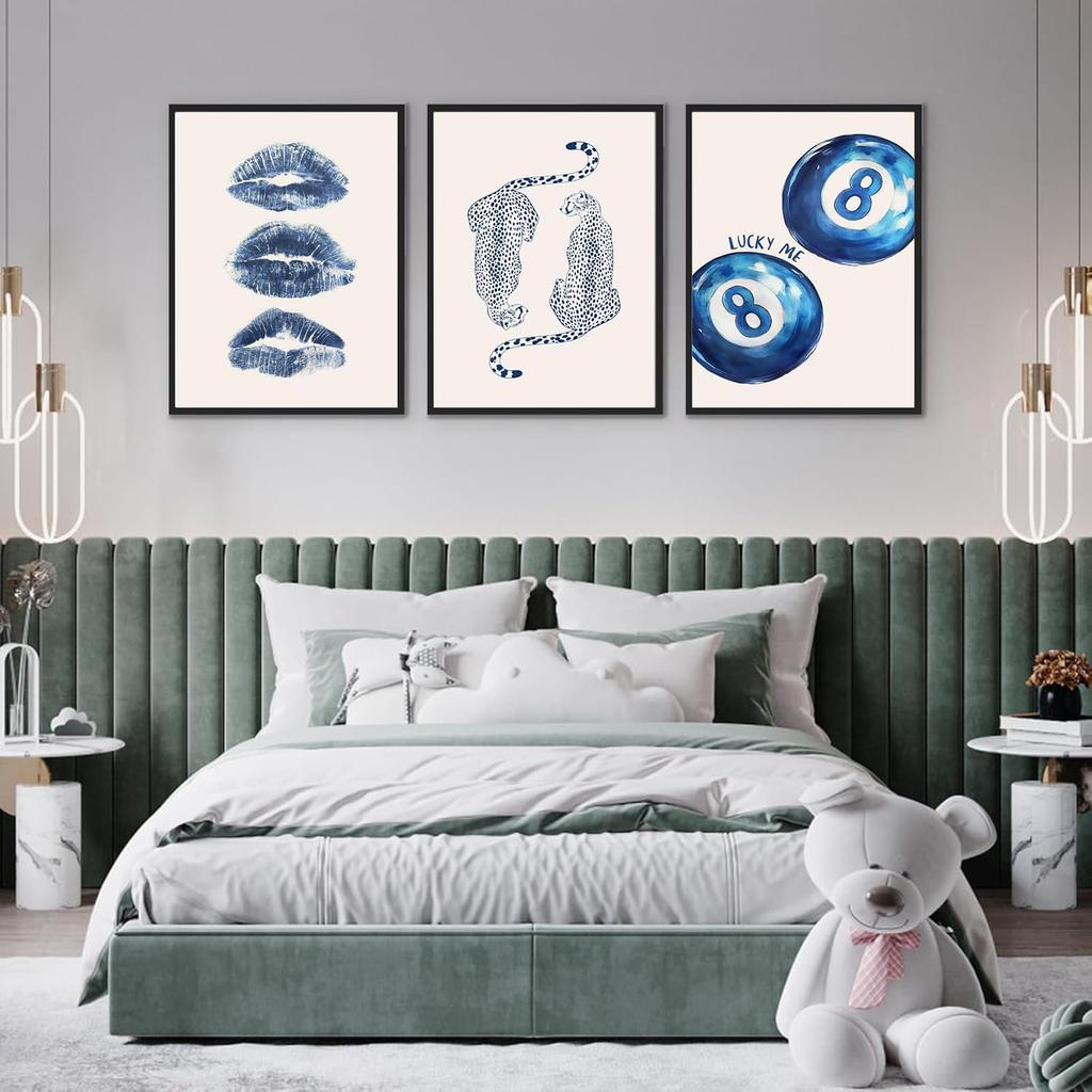 Set of 3 Trendy Cheetah Wall Art Funky Navy Blue Kiss Lips wall decoration pictures Retro Lucky 8 Ball Leopard Pattern Poster prints for Girls