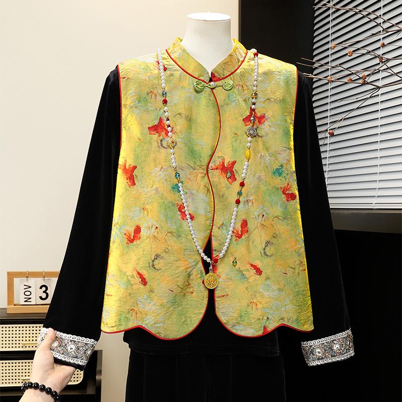 Spring New Arrival Chinese Style Stand Collar Frog Button Print Vest Two-Piece Set for Women XL 90-105