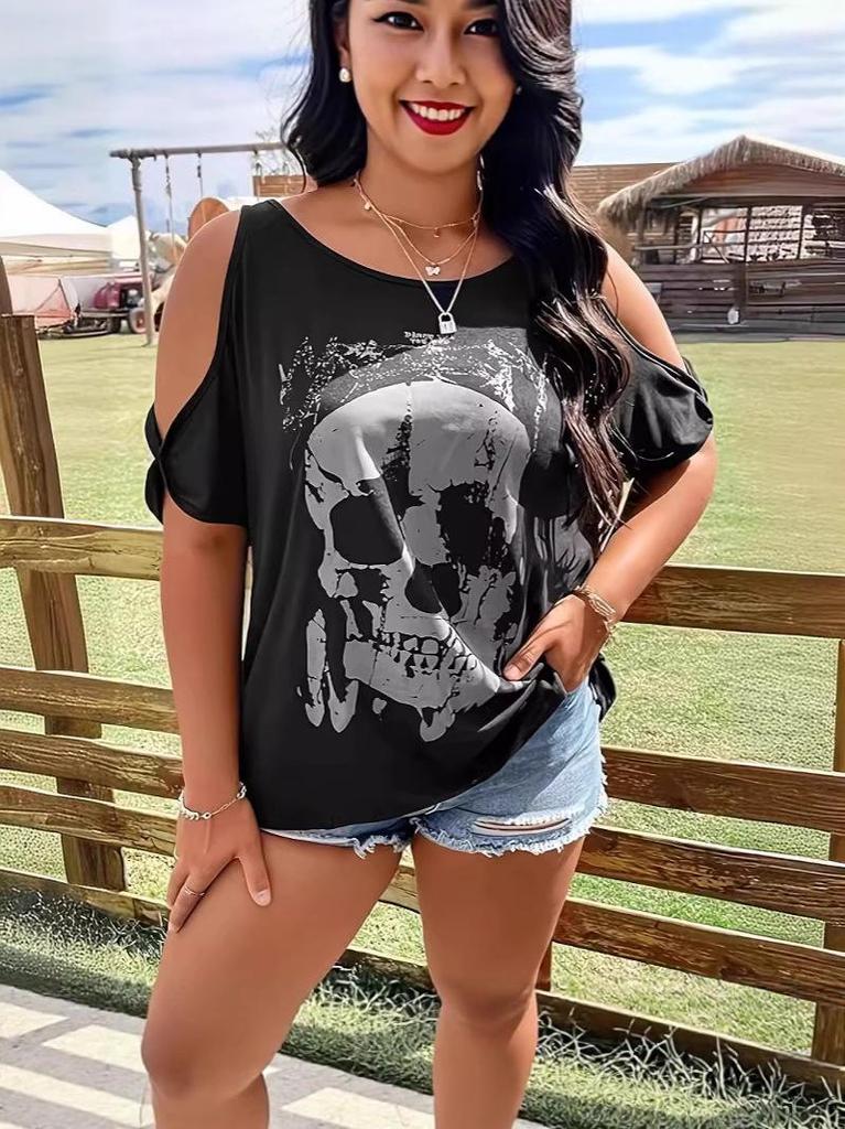 New Plus Size Gothic Skull 3D Print Casual Off-the-Shoulder Top