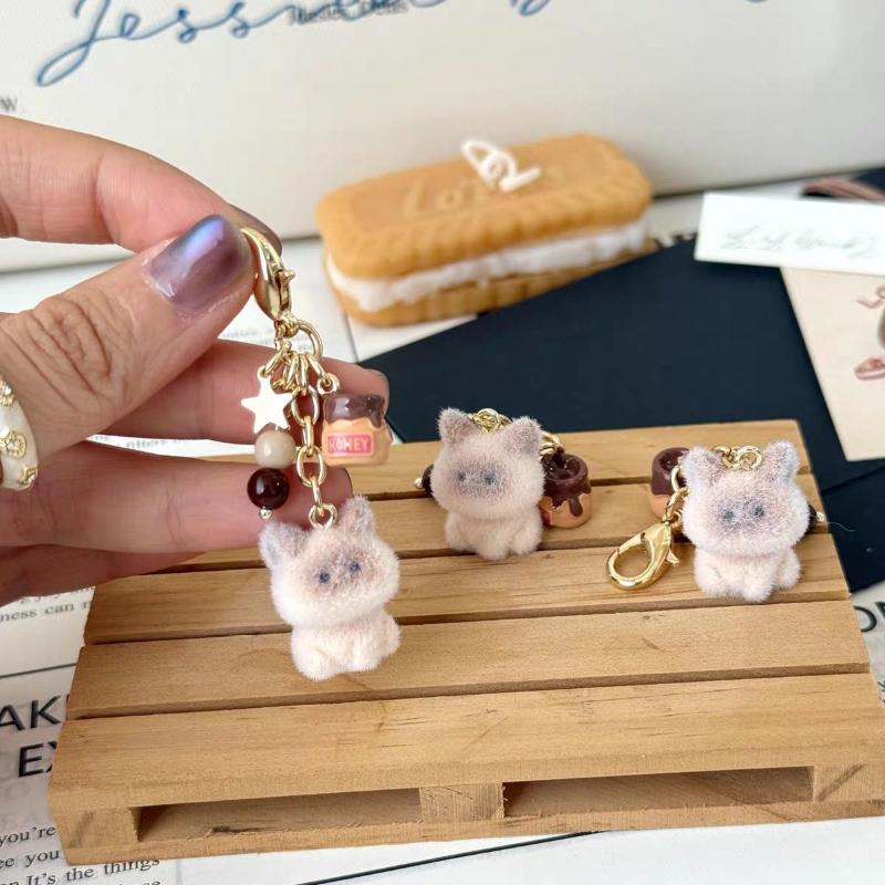 Cute Cartoon Flocked Cat Keychain Y2K Kitten Phone Lanyard Keyring Lovely Bag Pendant Camera Hanging Decoration Gifts