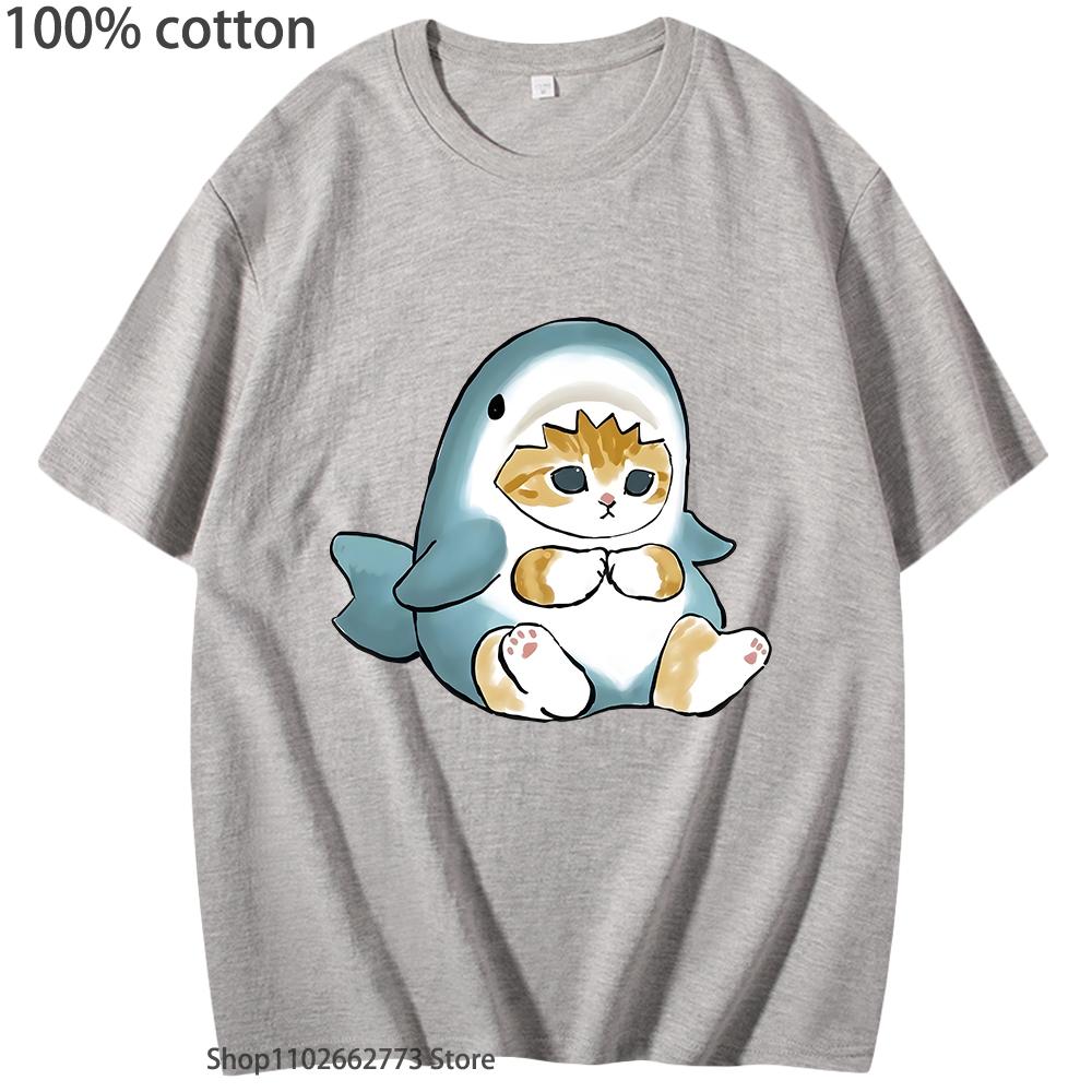 Loviness Katzenhai T-Shirts für Mädchen Niedliche Katzen Print T-Shirt 100% Baumwolle Sommer Rundhals T-Shirts Ästhetisch Kurzarm