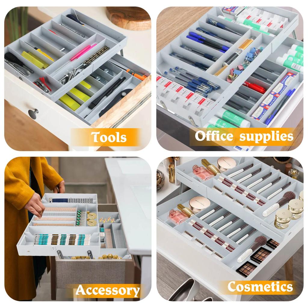 2 Tier Drawer Organizer Multi Level Collapsible Expandable Desk Organizer Trays for Office Supplies, Kitchen Gadgets Utensils