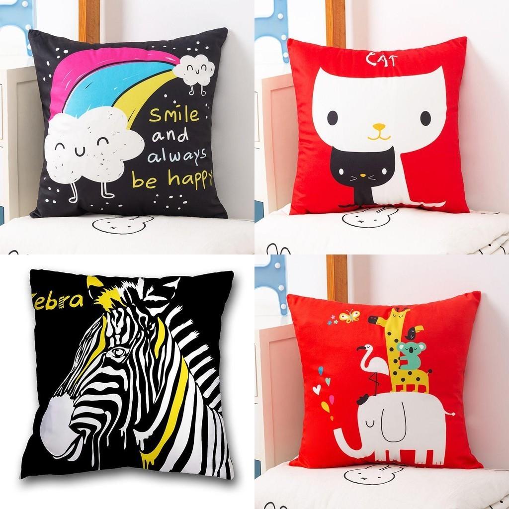 Cartoon Printed Cushion Cover Square Shape Peachskin Fabric For Home Decor