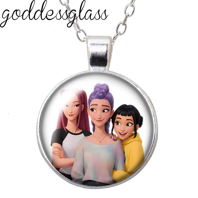 K-Pop Demon Hunter Anime Film Rumi Zoey Mira Cartoon Round Photo Glass cabochon silver plated pendant necklace jewelry Gift