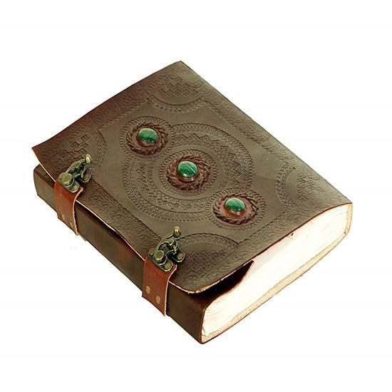 Embossed 3 Page Diary with Green Stone and Metal Lock Handmade