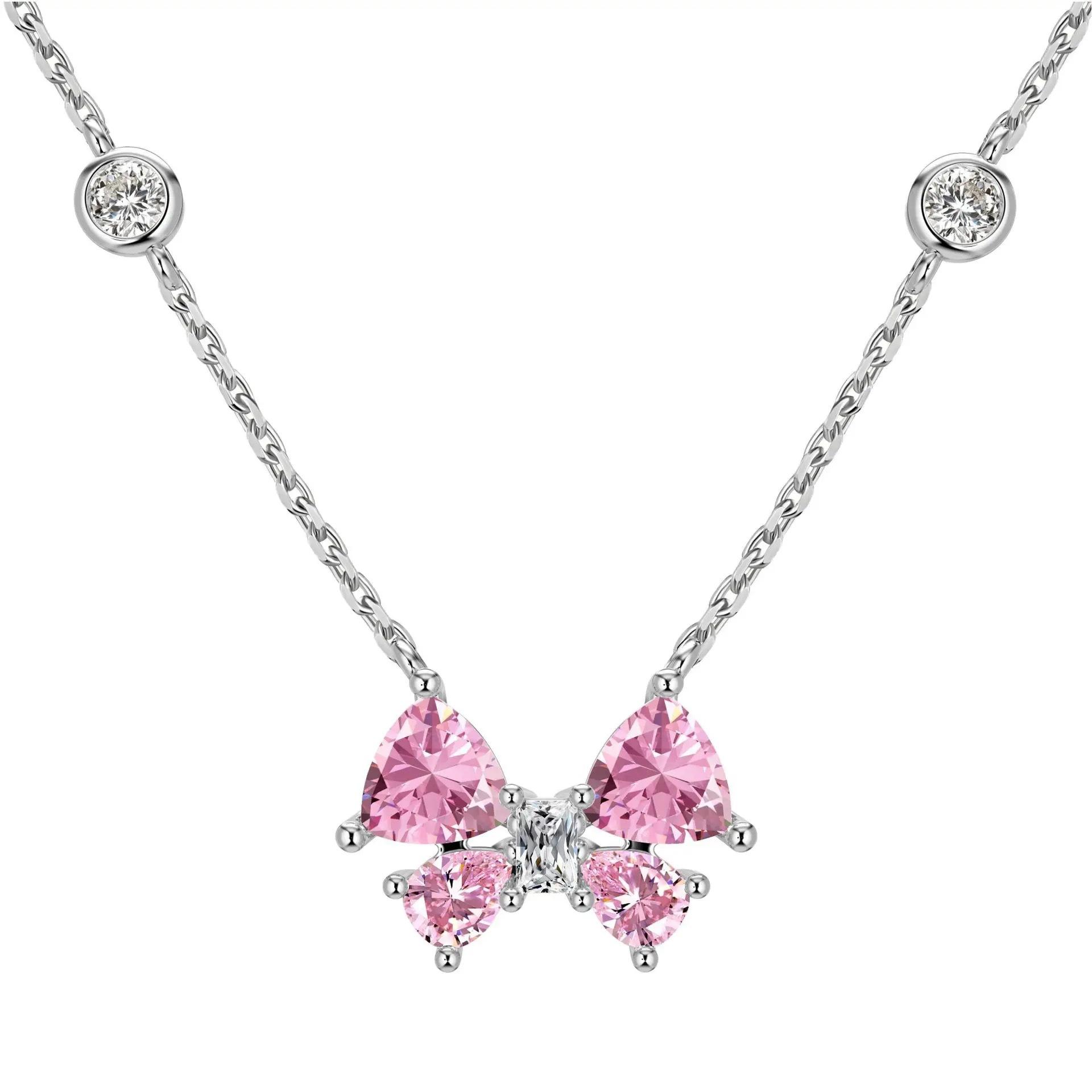 925 Sterling Silver Sweet and Versatile Pink Bow Shape Zircon Necklace Anniversary Birthday Wedding Party Gift