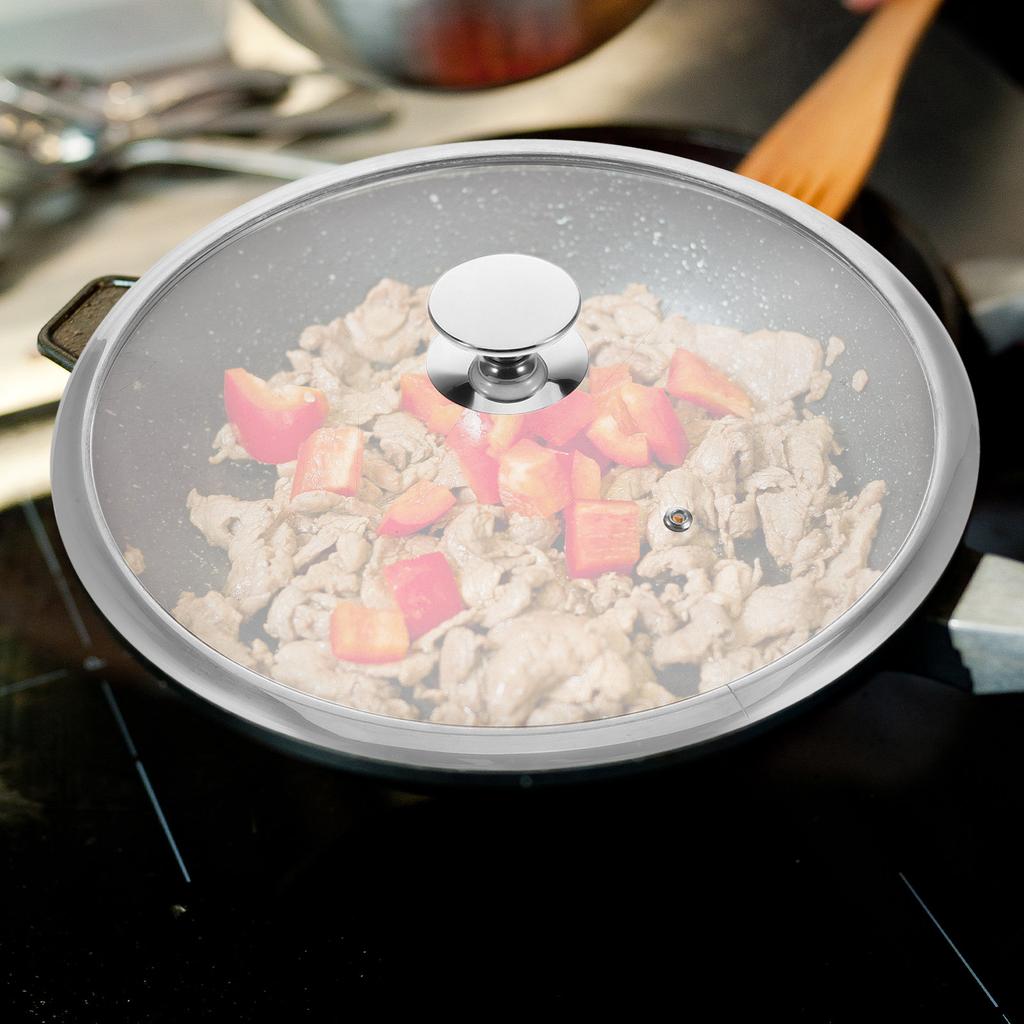 34 Cm Heavy Duty Stainless Steel Wok Lid Featuring Explosion Proof Tempered Glass for All Cookware Including Frying Pans Sauce