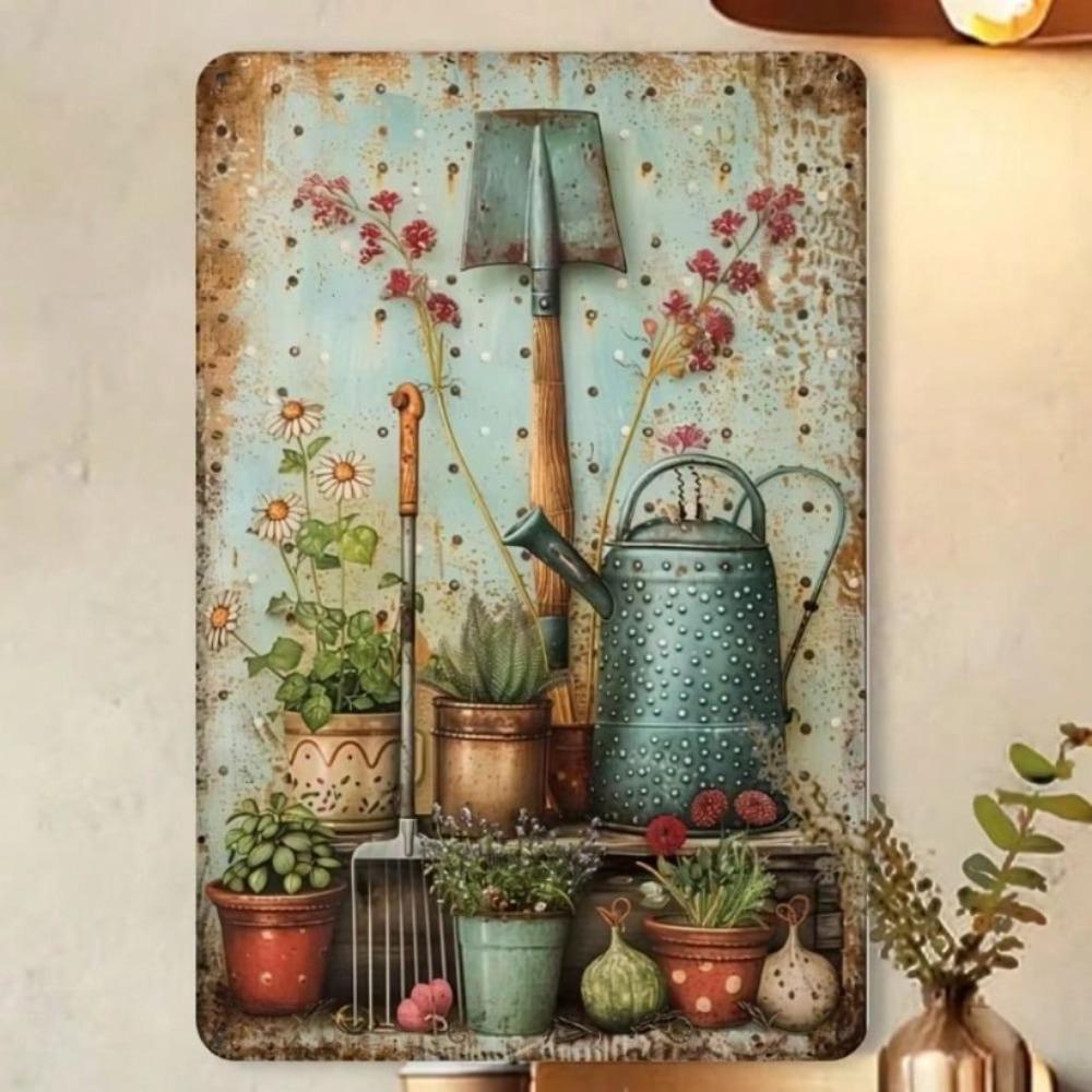 Vintage Metal Wall Art, Garden Tool Flower Pot Decor for Living Room Kitchen Home Indoor Outdoor