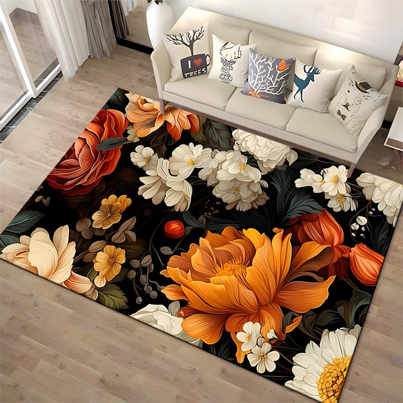 Floral Elegance In Orange and Cream Non-slip Rug Suitable for Living Room and Bedroom Sofas