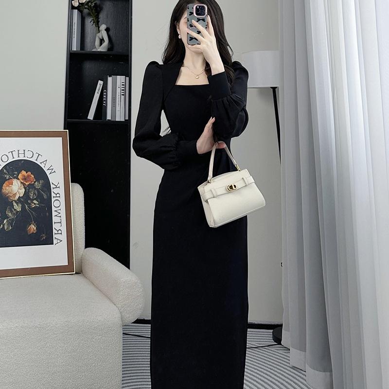 Spring Long-sleeved French Waist Design Shows Medium and Long Temperament, New Square Collar Thin Dress Casual