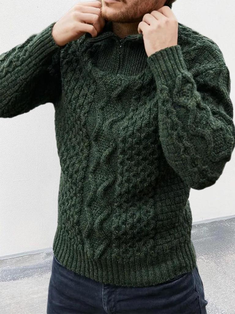 2025 Autumn/Winter Men's High Neck Zipper Cable Knit Sweater