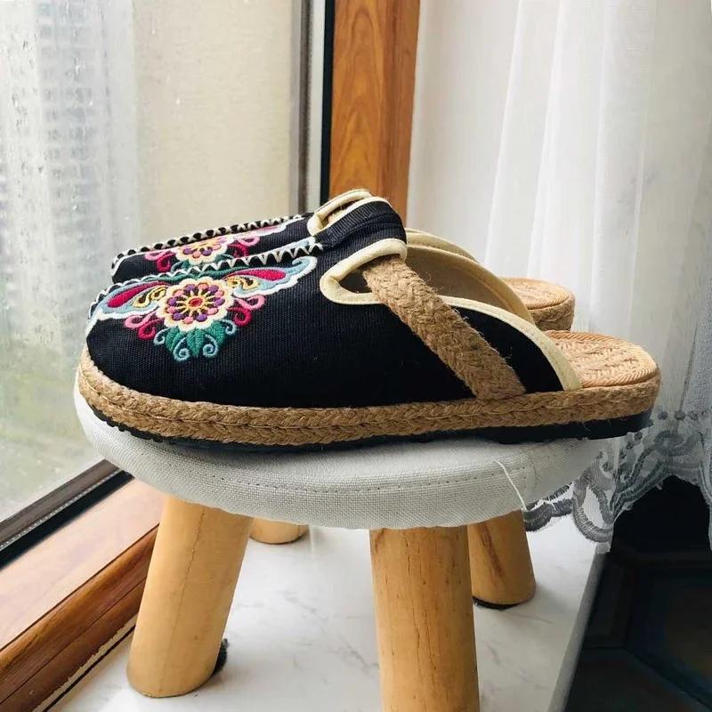 Fashion 2025 Women Casual Linen Handmade Embroidery Mules Flat Slippers Retro Vegan Summer Ladies Canvas Comfortable Espadrille Shoes