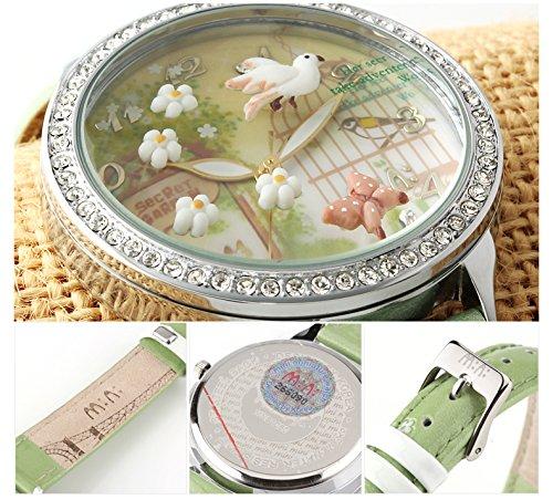 Damski zegarek na rękę dziewczęcy zielony kwarcowy analogowo-cyfrowy wyświetlacz model zagraniczny W291 trójwymiarowy ręcznie robiony masa polimerowa latający ptak.