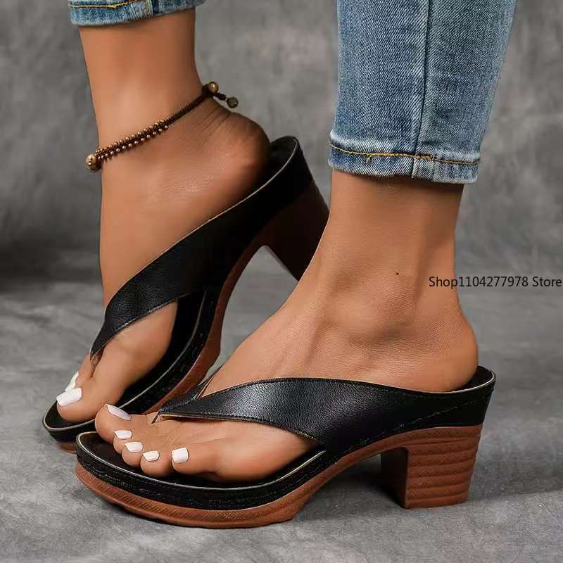 Fashion Stylish Women's Heel Flip Flops Black High Heels White Sandals Women Mules Slippers Ladies Summer Shoes 36-42 Calzado Mujer