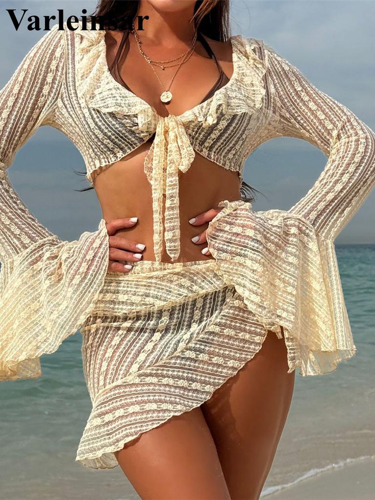 4PCS Halter With Sarong Long Sleeve Bikini Female Swimsuit Women Swimwear Four-pieces Bikini Set Bather Bathing Suit Swim V6338B