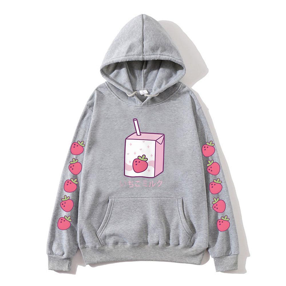 Strawberry Milk Cartoon Printing Hoodies Long Sleeve Hooded Sweatshirts Kawaii Clothing for Girls Moletom Feminino