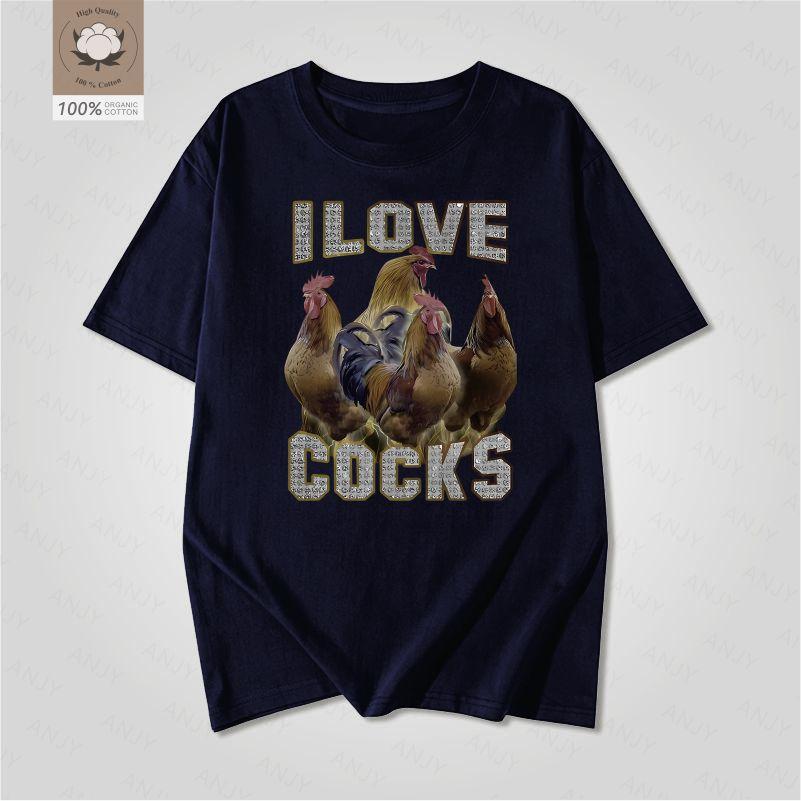 I Love Cocks Rooster Maglietta a Maniche Corte Stampata Retrò Modello Divertente Fattoria Americana Unisex e Unisex Top Girocollo Largo