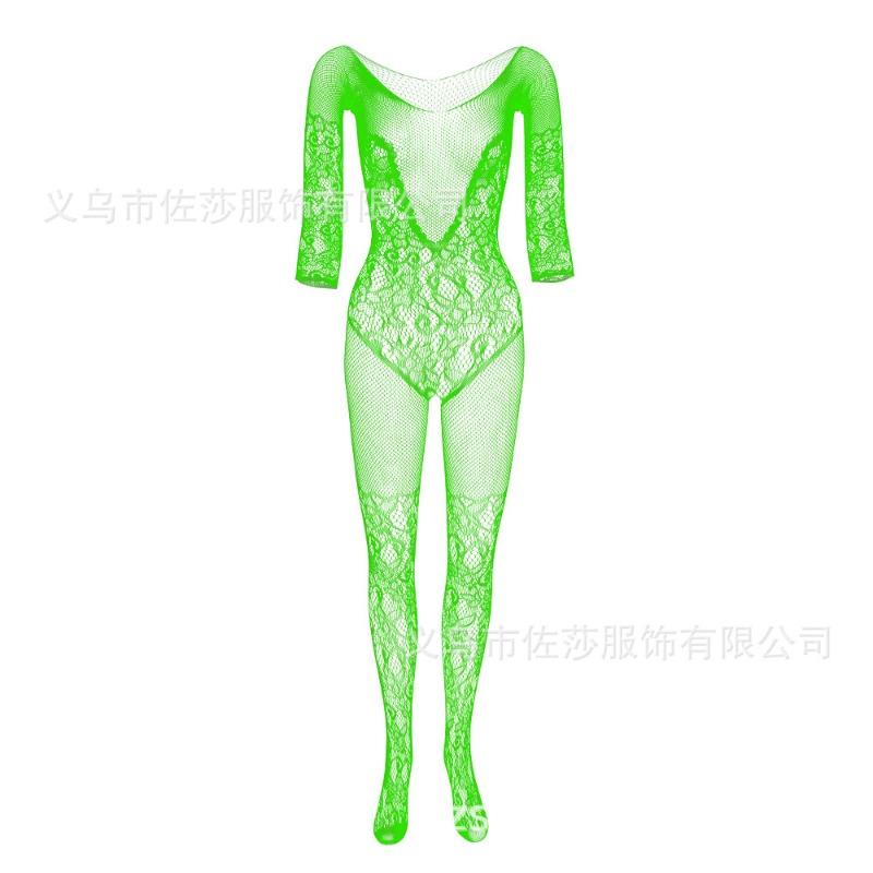 Sex Underwear V-shaped Chest Embroidered Mesh Socks Long-sleeved Open-file One-piece Stockings Hollow-out Temptation One-piece Socks