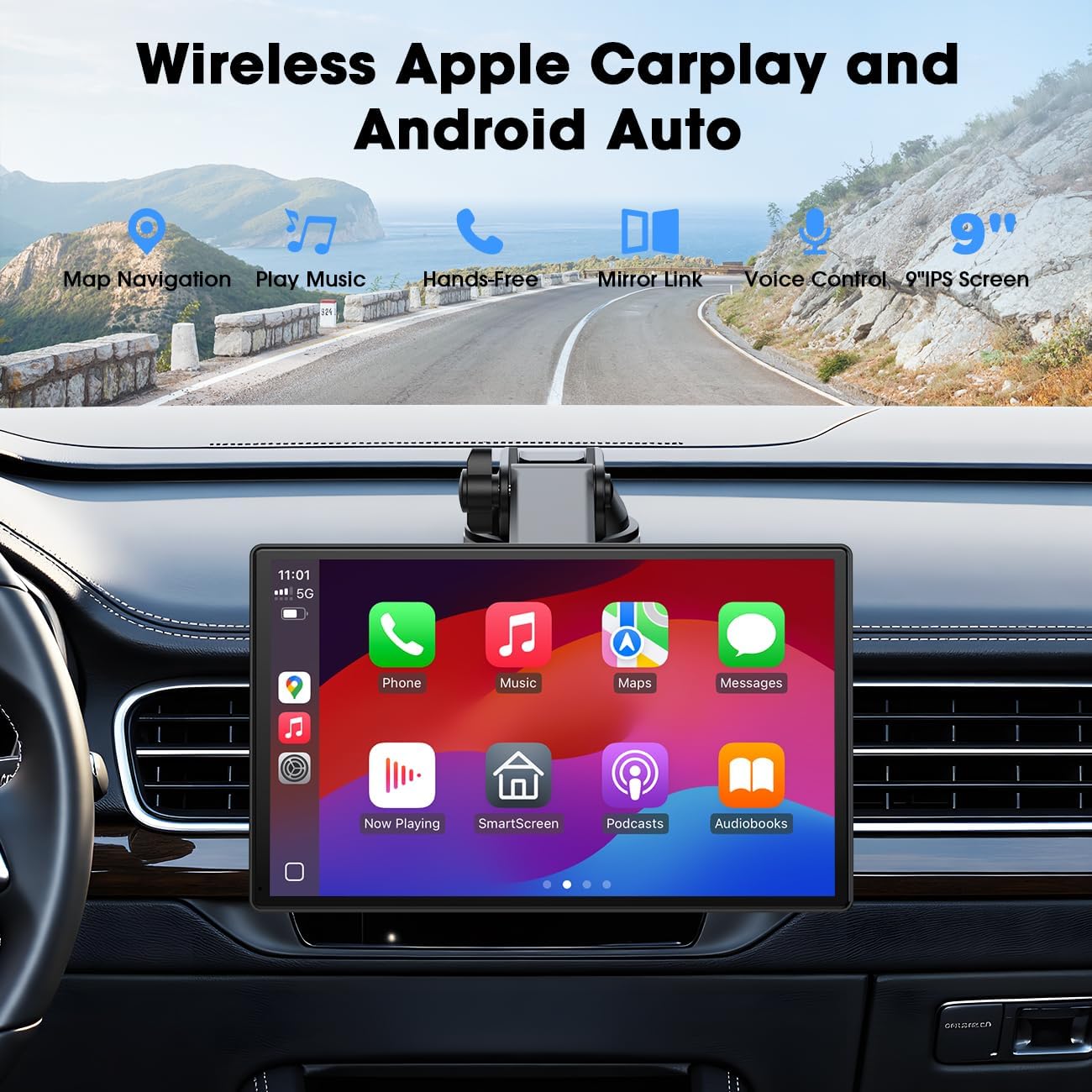 

9 Wireless CarPlay & Android Auto Portable Touchscreen with Bluetooth, Voice Control, Hands-Free Calling United States