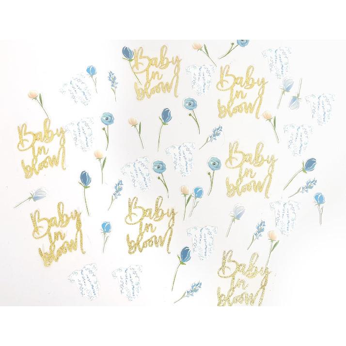 Baby Shower Script Table Confetti - Baby In Bloom Shower Decor, Floral Bodysuit Scatter, Flower Baby Gender Reveal Party Decorations, Glitter Photo Baby Boy Blue