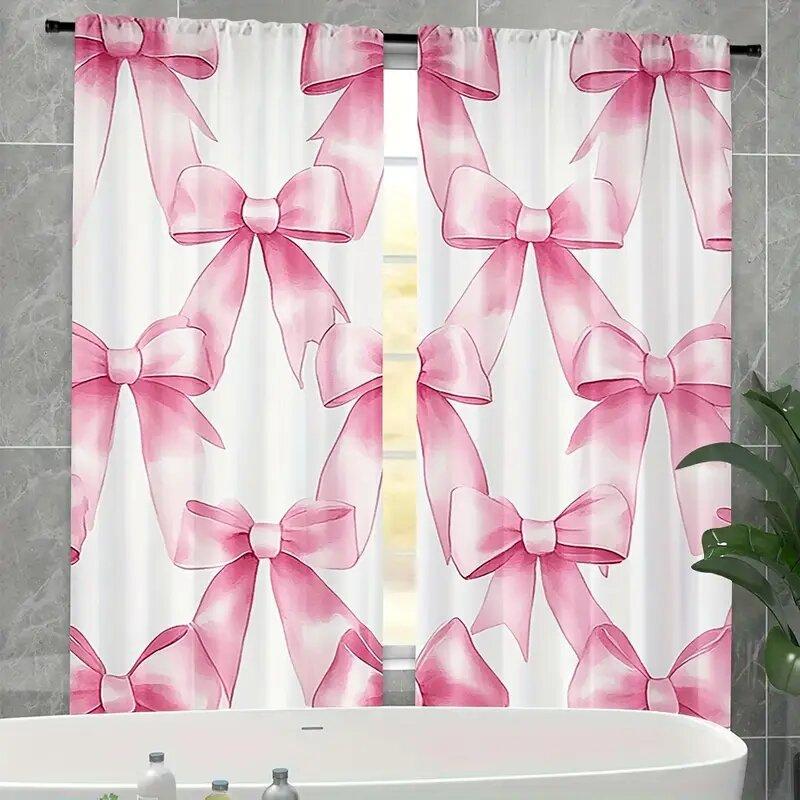 2 Pcs Pink Bow Print Curtains,suitable for Bedroom,living Room Kitchen Decoration,home Decoration,window Decoration
